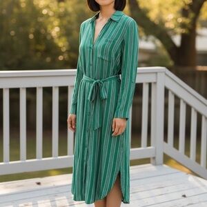 Maeve Anthropologie Green Striped Tie-Waist Long Sleeve Shirt Dress Midi Size 8